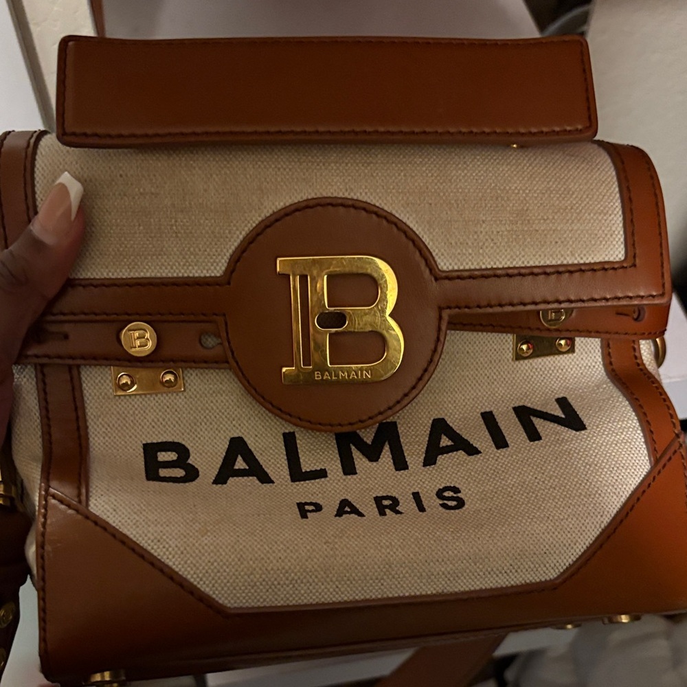 Balmain Tan and Brown Canvas Handbag with Gold Accents